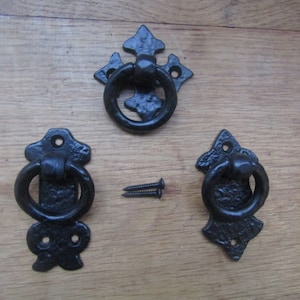 May include: Three black metal door pulls with ornate designs. Each pull has a ring handle and is attached to a decorative plate. Two screws are included.