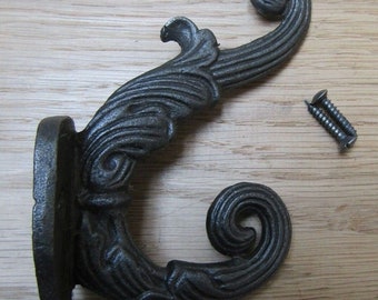 MAJESTIC SWIRL Ornate decorative Rustic Cast iron Robe Hat and coat hooks vintage old English Victorian retro pegs Antique iron/black