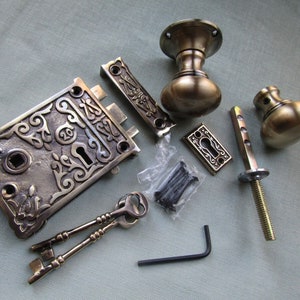 Rustic door rim lock knob Bedroom latch retro vintage Victorian country cottage Antique brass