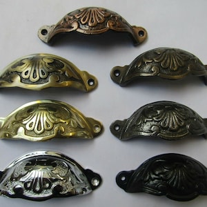 FLORAL CUP HANDLE  vintage cabinet handle cupboard drawer shell pull Polished chrome brass cast iron Antique copper rustic retro