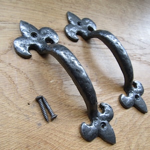 May include: Two black cast iron door pulls with a fleur-de-lis design. The pulls have a smooth, slightly textured surface and are attached to a wooden surface with screws.