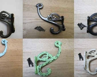 SWAN P Cast iron Rustic Robe Hat and coat hooks vintage old English Victorian retro pegs Antique brass/copper/black/cream/green/blue/pink