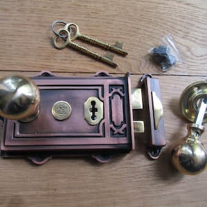 Rustic iron door handles lock set Vintage retro door rim knob handle & Davenport rim lock set old country cottage period home handles