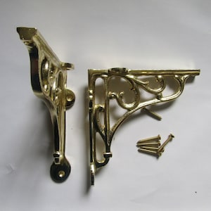 Pair of 4 inch BRASS on Cast Iron rustic vintage VICTORIAN SCROLL scaffold Shelf Brackets decorative ornate  shelving