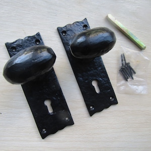 May include: Two black, oval door knobs with textured backplates and keyhole cutouts. A small bag of screws and a metal tool are also included. The door furniture is made of metal.