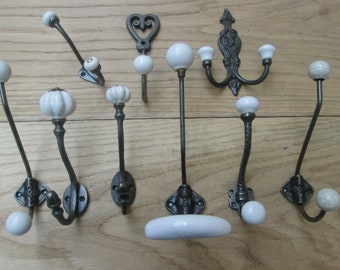 WHITE ceramic ANTIQUE IRON Cast iron Rustic Robe hat and coat hooks vintage old English Victorian retro pegs