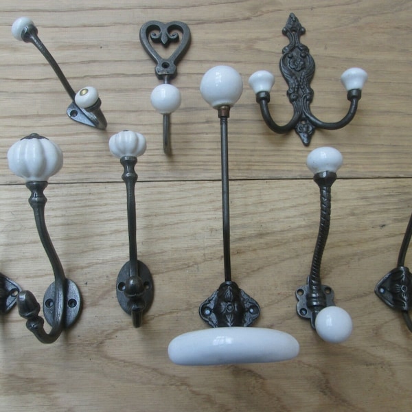 WHITE ceramic ANTIQUE IRON Cast iron Rustic Robe hat and coat hooks vintage old English Victorian retro pegs