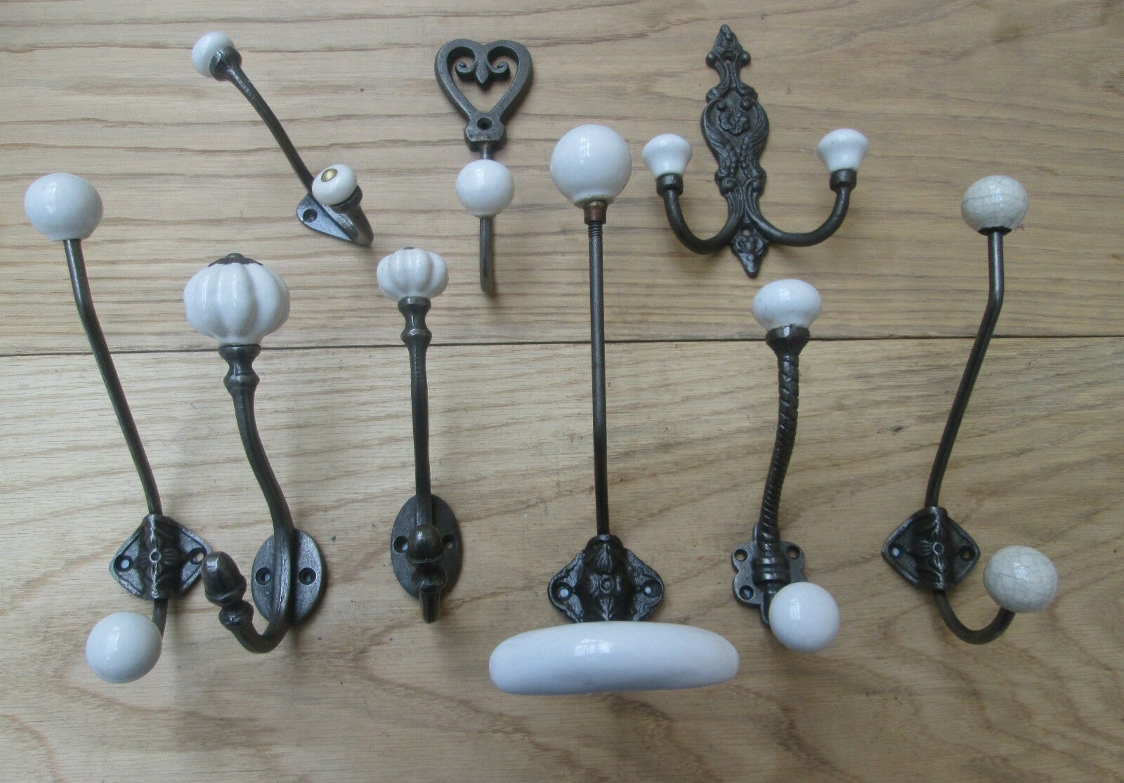 WHITE ceramic ANTIQUE IRON Cast iron Rustic Robe hat and coat hooks vintage old English Victorian retro pegs