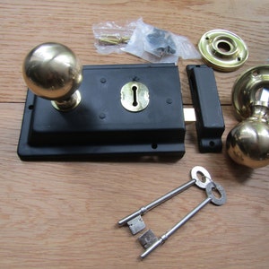 Vintage retro BRASS door rim knob handle & steel Black rim lock set old rustic
