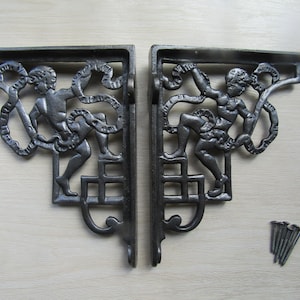 PAIR OF Cast Iron Shelf brackets Vintage Victorian Decorative ornate scaffold Shelf Brackets CHERUB Antique iron finish