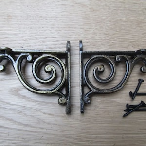 PAIR of Rustic iron shelf brackets Scaffold antique vintage old retro shelving brackets SWIRL ANTIQUE Brass