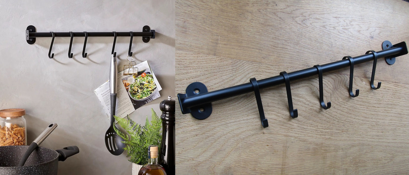 Kitchen Utensil rail rack S hooks kitchen storage holder Black S hook rail 18"