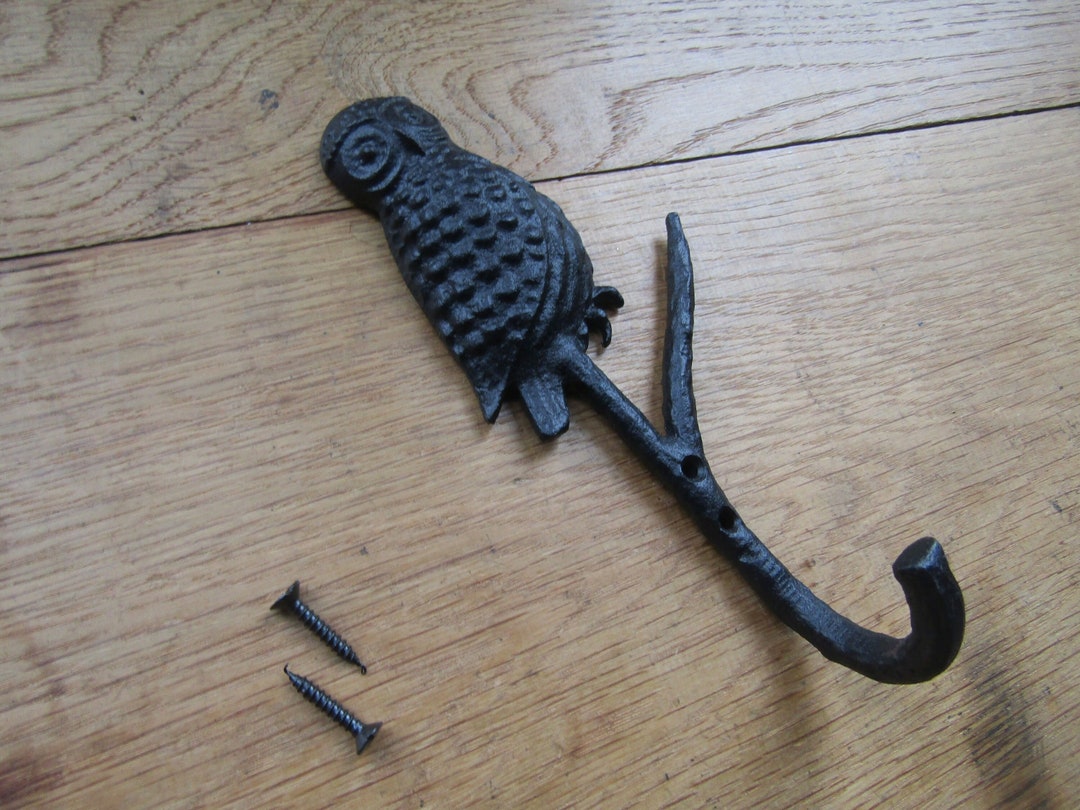 OWL ON BRANCH Black Cast Iron Hook Rustic Coat Hooks Bedroom Hallway ...