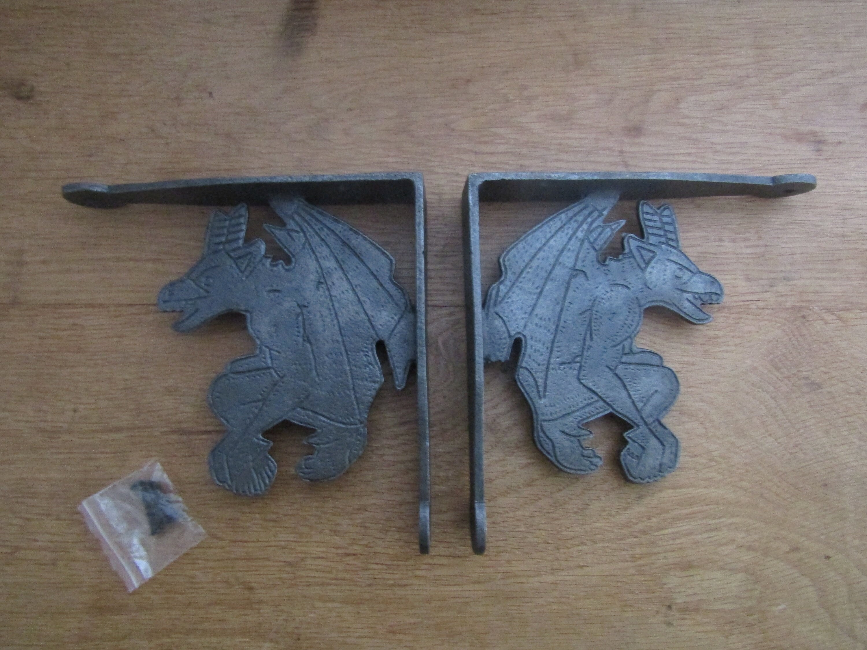 PAIR of GARGOYLE cast iron rustic old gothic vintage scaffold Shelf Brackets shelving Bracket ANTIQUE iron