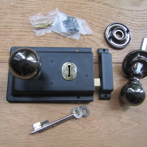 Vintage retro POLISHED BLACK NICKEL door rim knob handle & steel Black rim lock set old rustic