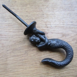 Cast iron Rustic Ceiling hook vintage old retro peg hanger Fish MERMAID Victorian figural nautical screw in mermaid hook
