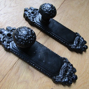 Cast iron Rustic DOOR handles knob on back plate pull handles decorative ornate fancy shabby chic vintage old style Black antique