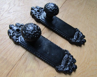 Cast iron Rustic DOOR handles knob on back plate pull handles decorative ornate fancy shabby chic vintage old style Black antique