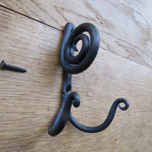Rustic coat hook blacksmith hand forged iron vintage old retro peg hanger DOUBLE SNAIL HOOK Black wax finish