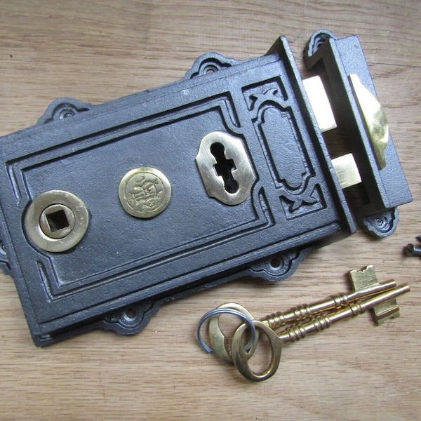 HEAVY SOLID CAST Iron rustic vintage door key lock rim lock old Victorian style ornate lock