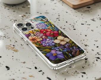 Clear iPhone Case Flower Phone Case Stained Glass iPhone 14 Wildflower Case Gift for Garden Lover Botanical iPhone 13 Case