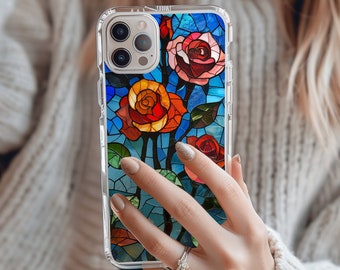 Clear iPhone Case Rose Phone Case Stained Glass iPhone 14 Flower Case Gift for Garden Lover Botanical iPhone 13 Case