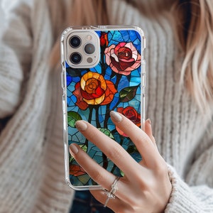 Clear iPhone Case Rose Phone Case Stained Glass iPhone 14 Flower Case Gift for Garden Lover Botanical iPhone 13 Case