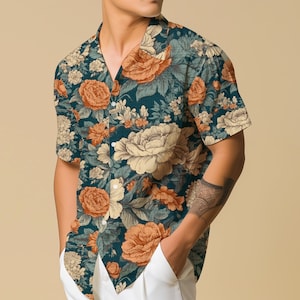 Hawaiian Shirt Men Flower Button Up Boho Shirt Gift for Travel Lover Retro Shirt Vacation Wear Casual Button Down Shirt Floral