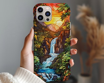 Stained Glass Waterfall iPhone Case, Nature Sunset Design