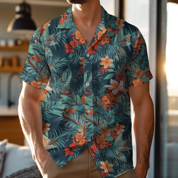 Hawaiian Shirt Men Flower Button Up Boho Shirt Gift for Travel Lover Retro Shirt Vacation Wear Casual Button Down Shirt Floral