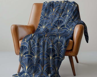 Blue Art Deco Blanket Gold Home Decor Throw Modern Geometric House Warming Gift Contemporary New Home Decoration Accessory Interior Design