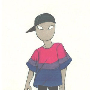May include: A cartoon illustration of a person wearing a black cap, a t-shirt with pink, purple, and blue horizontal stripes, black pants, and black sneakers.