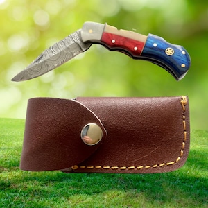 Texas Flag Pocket Knife Damascus Steel Handmade (Folding Knife)