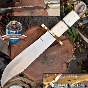Bowie/Hunting Knife Custom Made AUS-10 Steel Camel Bone Brass Guard Hand Made Hand Forged - Over 16 Inches Long!
