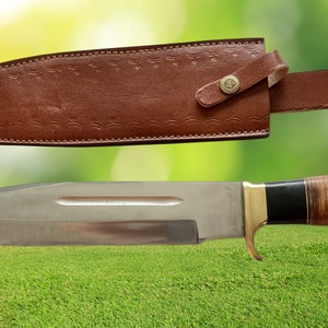 Bowie Knife “Crocodile Dundee” Style Handmade Highly Polished D2 Steel Bull Horn and Leather