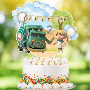Trash truck birthday party cake topper png. Customizable, print at home.