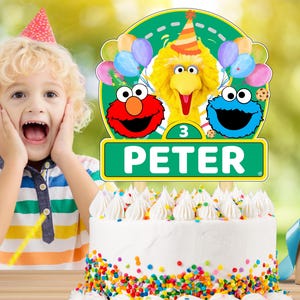 Decorazione per torta di compleanno a tema Sesame Street, file PNG da stampare a casa, personalizzazione gratuita.