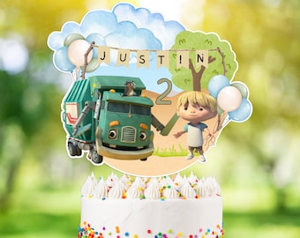 Trash truck birthday party cake topper png. Customizable, print at home.