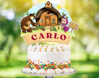 Masha and Bear Cake topper PNG printable, free edit.