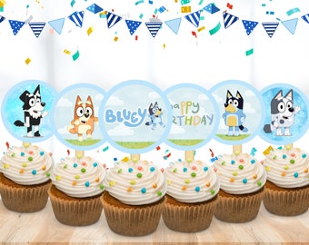 Bluey CUPcake toppers, party supply for birthday printable PNG, Customizable