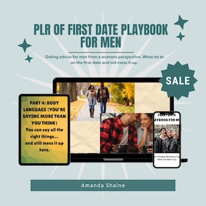 May include: A digital marketing graphic with the text "PLR OF FIRST DATE PLAYBOOK FOR MEN." The image includes a laptop, tablet, and smartphone displaying images and text about dating advice. The word "SALE" is in a green starburst.