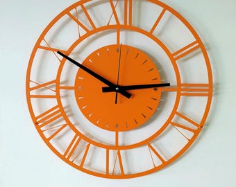 Silent Metal Wall Clock, Orange Unique Clock, Minimalist Wall Decor, Roman, Modern Clock, Housewarming Gift, for her, Colorful clock,