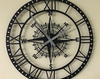 Minimalist Wall Decor, Silent Metal Wall Clock, Unique Wall Clock, Roman Numeral compass, Modern Clock, Housewarming Gift, Gift for her,