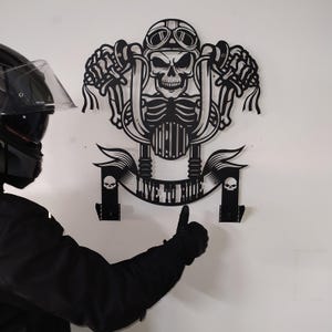 Custom Metal Motorcycle Sign Helmet Holder, Special Gift, Wall Art, Helmet Holder, live to ride, skull motorcycle jacket holder, bike helmet