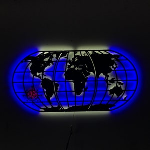 Weltkarte Metall Led, Wandkunst, Led Karte Dekor, Led Metallschild, Büro Led Metalldekor, Led Wandkunst, Led Weltkarte, beleuchtete Karte