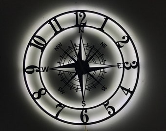 Unique Led Wall Clock, Wall Decor, Modern Led Clock, Metal Led Wall Clock, Compass Clock, Housewarming Gift, Gift for her, cool wall clock