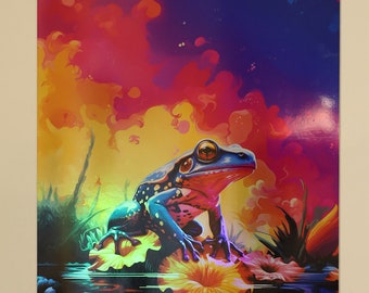 Holo Poison Dart Frog on Lily Print Wall Art Sticker Rainbow Rainforest Handmade Holographic Magnet Kawaii Toad Tropical Water Animal