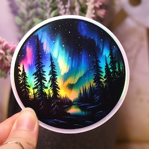 Sticker arc-en-ciel aurore boréale holographique pour ordinateur portable Astral magique brillant fait main découpé Scrapbooking nuit Aurores boréales Holo lune étoile