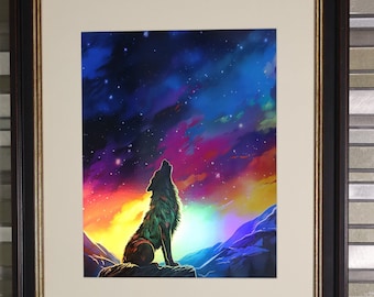 Holo Lone Howling Wolf Art Print Sticker Rainbow Shiny Handmade Holographic Magnet Mountains Cute Kawaii Apex Animal Starry Night Wolves