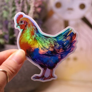 Autocollant holographique poule autocollant arc-en-ciel étiquette d'eau ferme brillant fait main découpé BuJo scrapbooking planificateur poulet volaille cadeau